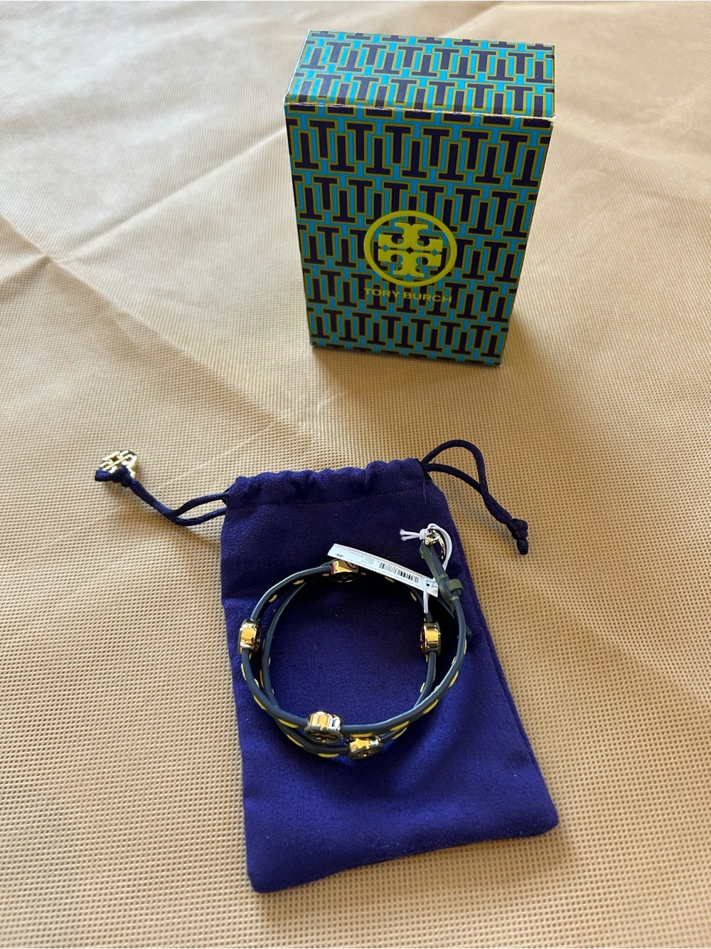 Tory Burch Double Wrap Leather Logo Bracelet - Blue and Green - NWT - Picture 2 of 3